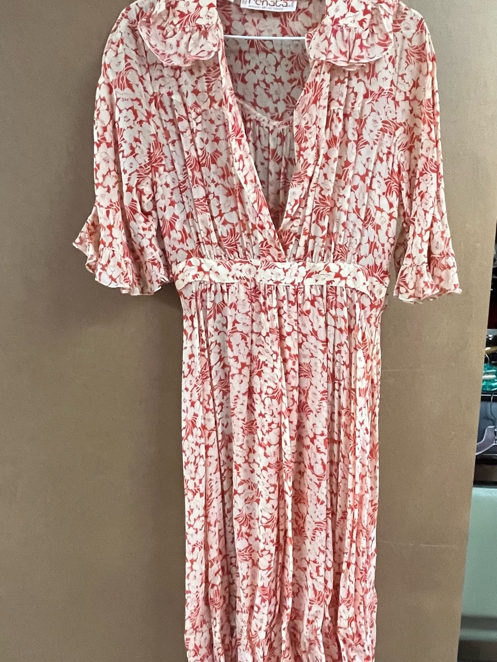 Floral V-Neck Midi Dress in White and Red Floral Print by RENATA Paris France